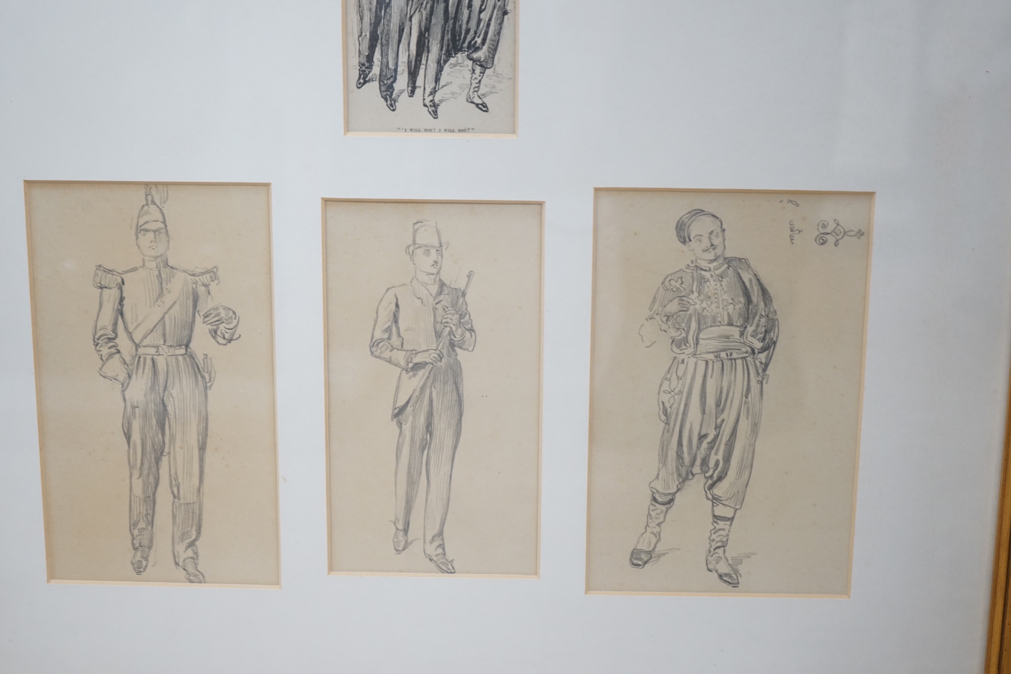 George du Maurier (1834-1896), three pencil sketches for a pen and ink illustration, 'I will not! I will not'; Guardsman, Gentleman and Turk, largest 21 x 13cm